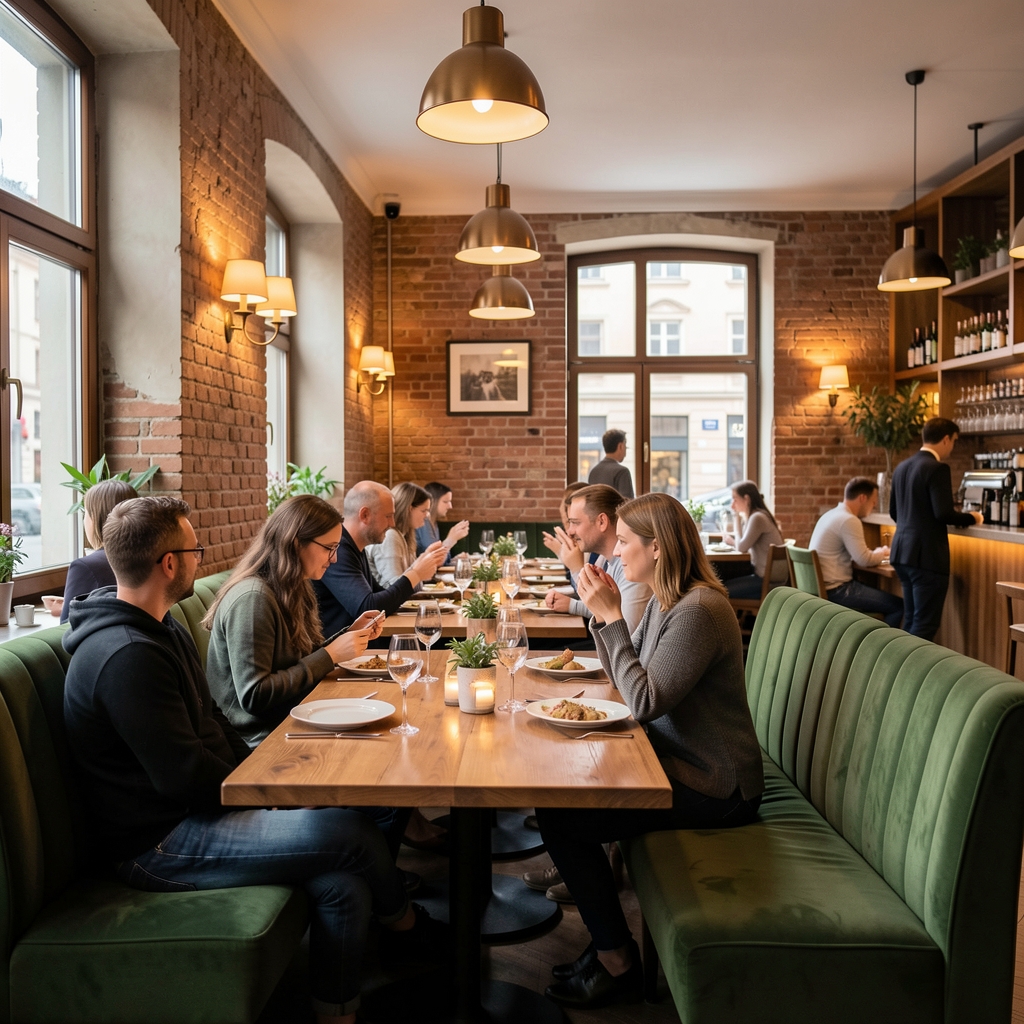 Útulný interiér restaurace Magyar Play Hub v Ostravě s dřevěnými stoly, teplým osvětlením a zelenovými čalouněnými sedačkami, hosté večeří