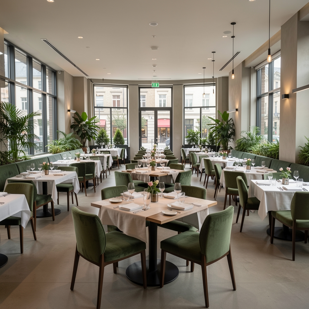 Panoramatický pohled na hlavní sál restaurace Magyar Play Hub s elegantně prostřenými stoly, zelenými rostlinami a moderní restaurační výzdobou
