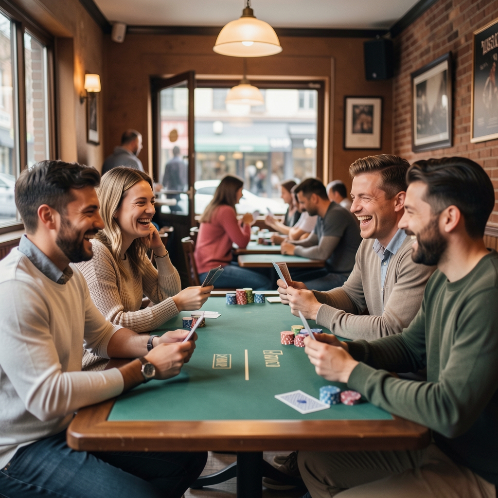 Skupinka přátel sedících kolem pokerového stolu v bistro prostředí, smějí se a drží karty v rukou