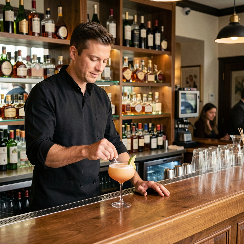 Bar restaurace Magyar Play Hub s lahvemi vín a spirits na pozadí, barman připravuje koktejl