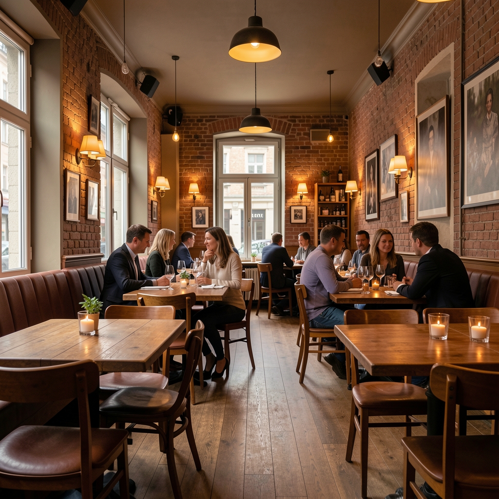Elegantní interiér restaurace Magyar Play Hub v Ostravě se dřevěnými stoly, tlumeným osvětlením a přátelskou atmosférou bistro klubu