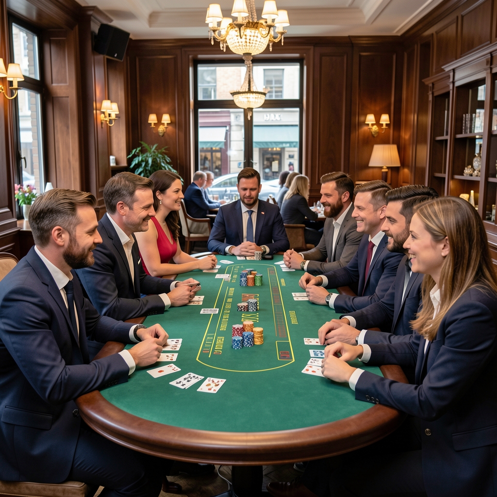 Skupina hostů sedící kolem pokerového stolu v elegantním bistro prostředí Magyar Play Hub, s kartami a žetony na zeleném stole