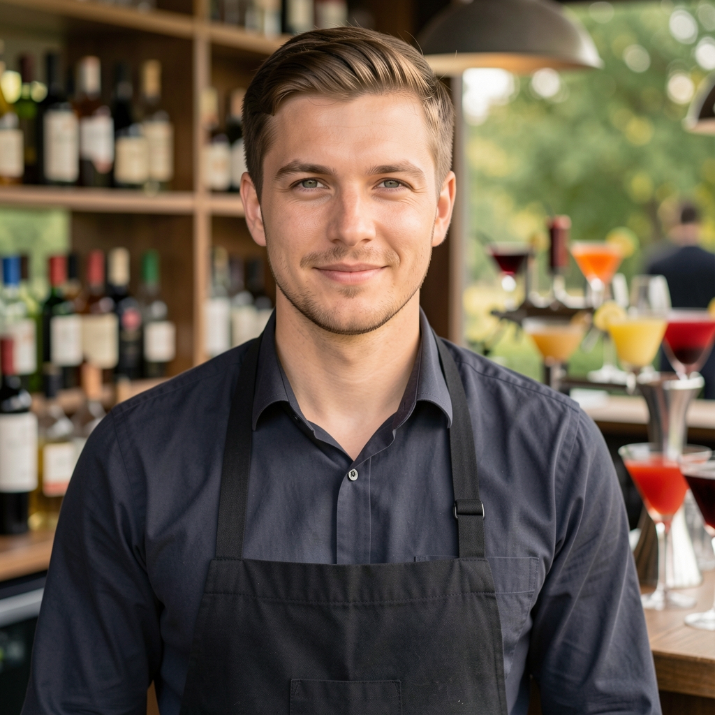 Tomáš Duda, sommelier a barman Magyar Play Hub, mladý muž za barem s výběrem vín a koktejlů